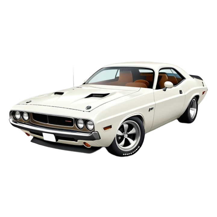 White 1971 Dodge Challenger with sharp details, precise three-quarter view at 30 degrees, accurate muscle car proportions, visible front bumper and fender, pure white finish, iOS emoji style sticker