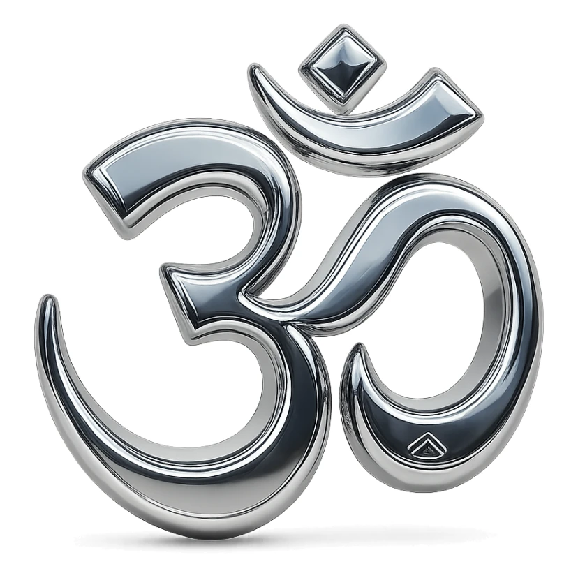 chrome style Om sign, highly reflective and metallic, with smooth curves and a polished finish sticker