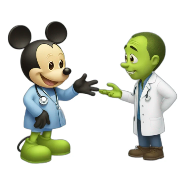 Mickey Mouse giving shrek a medical exam sticker
