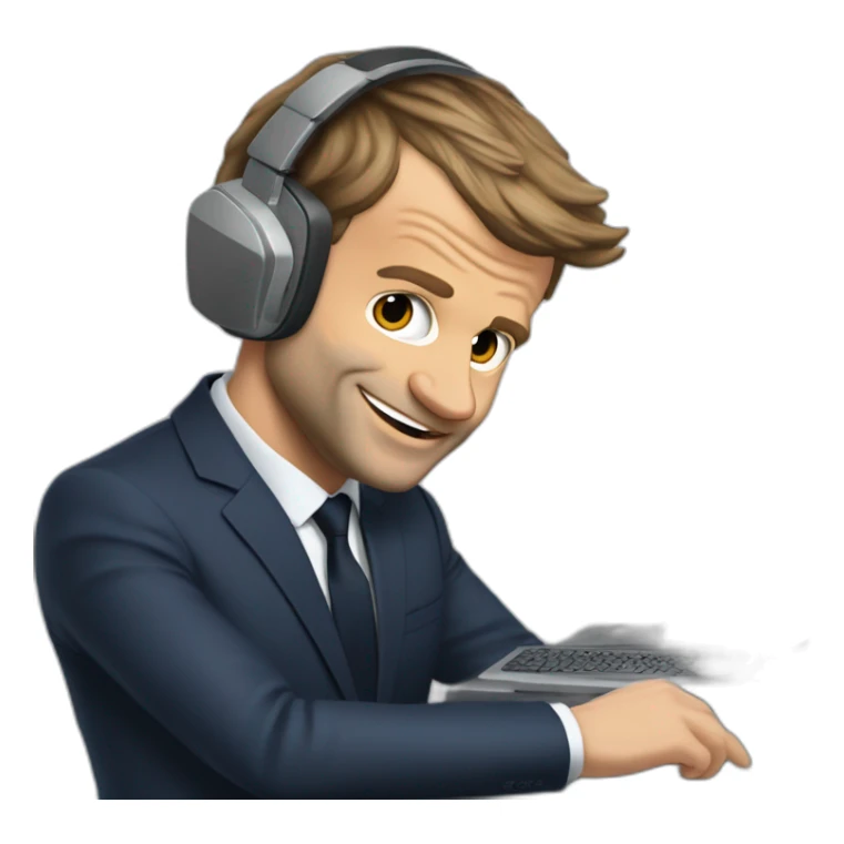 Emmanuel Macron qui joue aux jeux vidéo avec un pc gameret un casque sticker