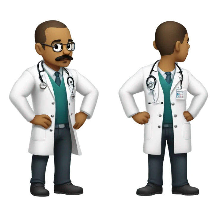 Body builder tattoo mustache doctor inspecting leg sticker