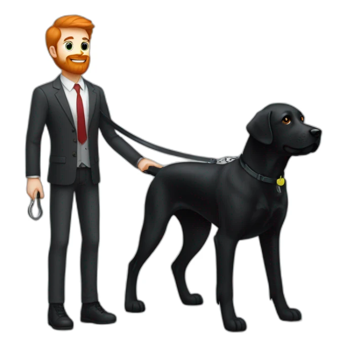 a handsome, slender man in a  sporting a red beard, standing next to a black Labrador dog, holding it on a leash sticker