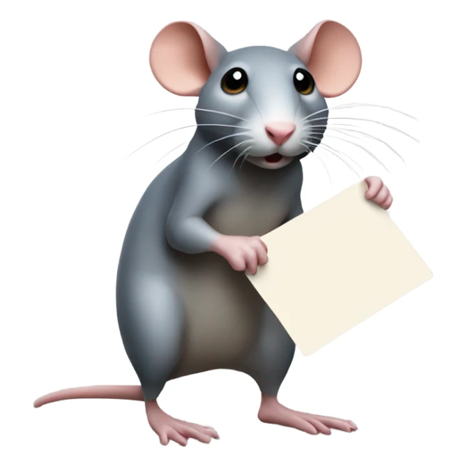 A rat looks to the right, holding a blank sign sticker