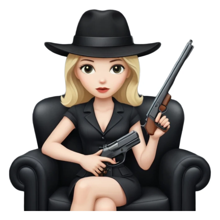 Mafia blondes woman in hat , gun , armchair , black sticker