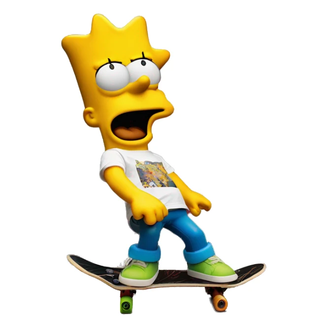 Bart Simpson, skateboard under his arm, poses in front of a graffiti-covered wall. He's giving the camera a playful smirk sticker