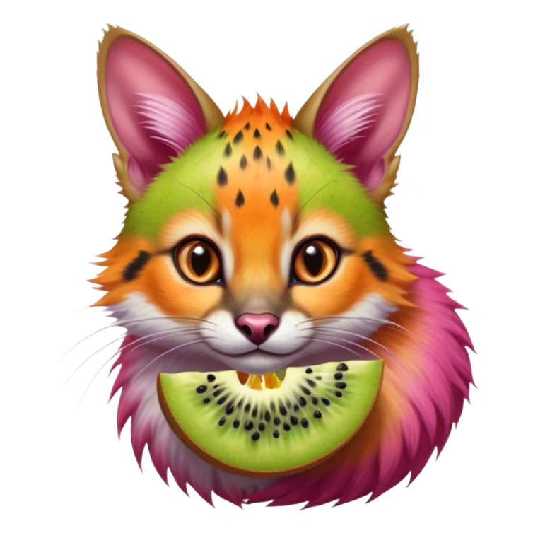 Hyper realistic  tropical-fruit-splash-colored fur of kiwi-lime-gradients, papaya-orange, and dragonfruit-pink chaos beautiful elegant pretty precious cute  Fakémon-Pokémon-opossum-feline-serval-caracal-chinchilla-Furret-Minccino-hybrid-creature with a big fluffy bushy tail (full body) sticker