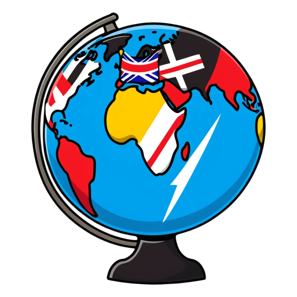 A colorful globe with various country flags surrounding it sticker