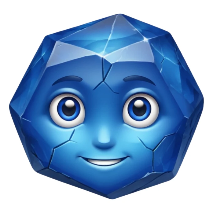 A single sapphire-blue faceted rock head, chunky and worn, with a few visible cracks and chipped facets but still shiny, big kind eyes and a confident smile, 3 sticker