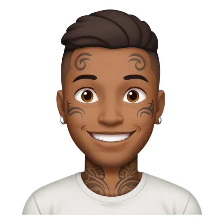 black man with face tattoos, smiling, wearing a t-shirt sticker