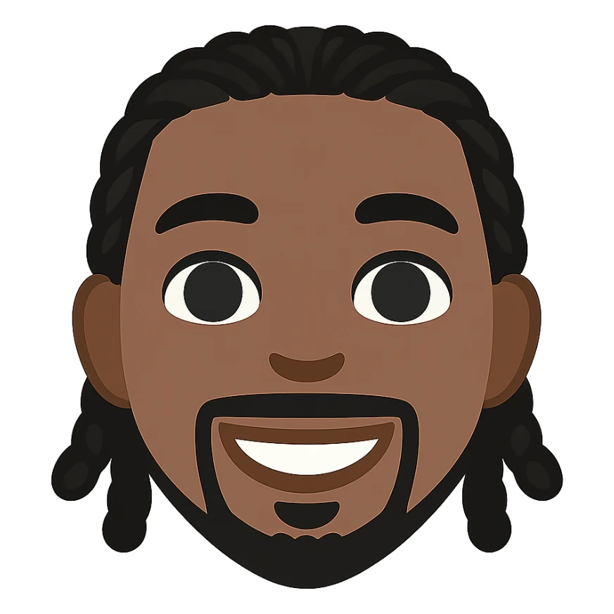 Transform this portrait into a simple and expressive emoji style with a smiling face, black skin tone, and transparent background. The style should resemble an emoji look while keeping the expression clear and friendly. sticker