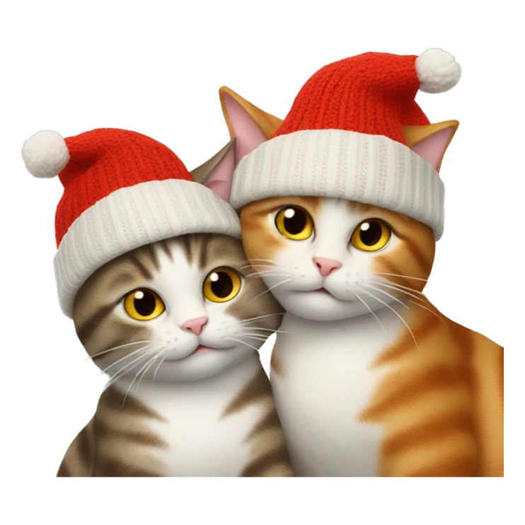 Two cats selfie hugging, the left one is wearing a red bobble hat sticker