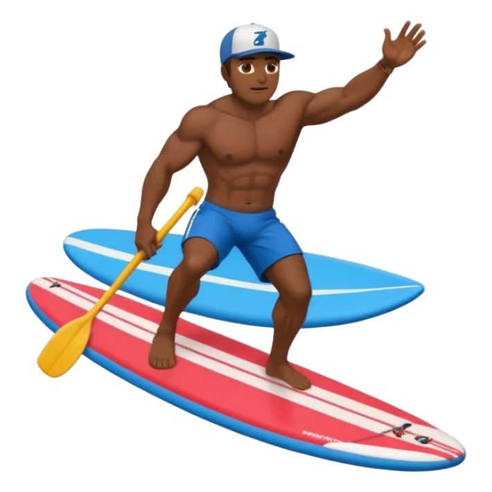 Dark muscular SUP surfer Hawaii wearing a baseball cap sticker