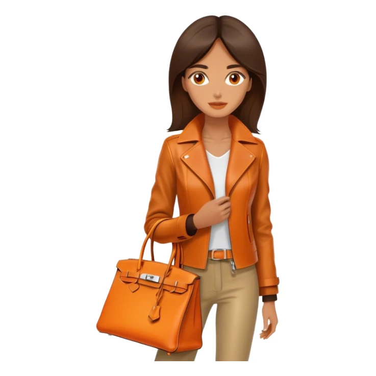 Exotic and tan woman wearing a leather Hermes jacket. She has an orange Hermes Birkin Bag. I want the image to be close up.  sticker