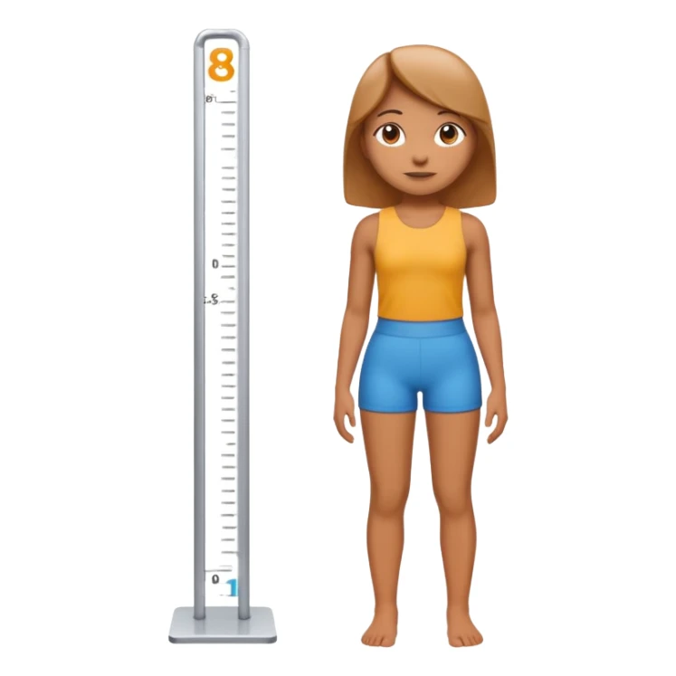 A 3D cartoon figure standing against a height chart, measurement marks visible, clean white background, Memoji-style. sticker