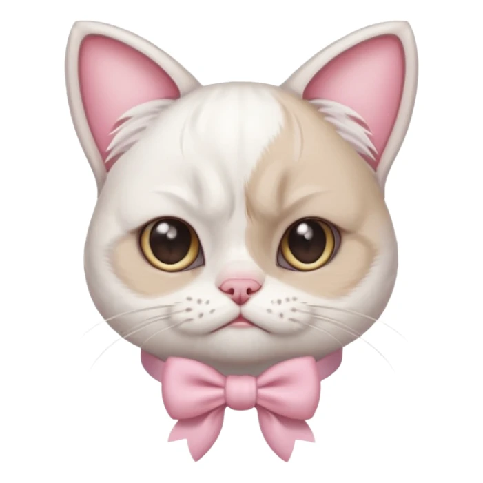 A White grumpy cat with light pink ears and paws and with a bow around its neck sticker