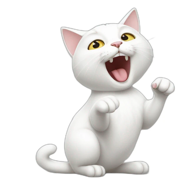 white cat that opens its mouth wide and points its paw towards its mouth sticker
