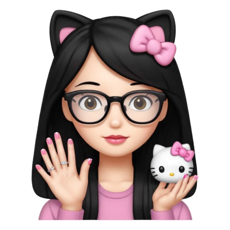 Nails cute hello kitty wear glasses black long  hair sticker