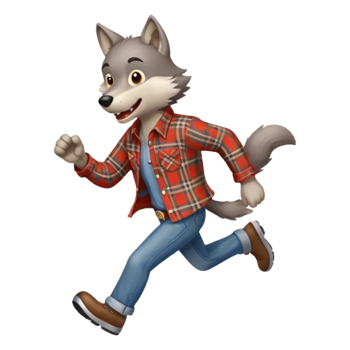 friendly anthropomorphised wolf in a plaid shirt and jeans running sticker