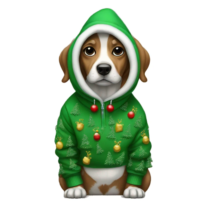 dog wearing a christmas tree hoodie sticker