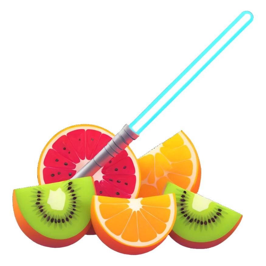 fruit being sliced by a glowing lightsaber, energetic, dynamic, vibrant colors, sense of action, glowing saber effect sticker