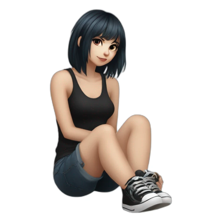 Full body curvy emo girl sits on the floor черная юбка белые трусики рваные полосатые чулки sticker