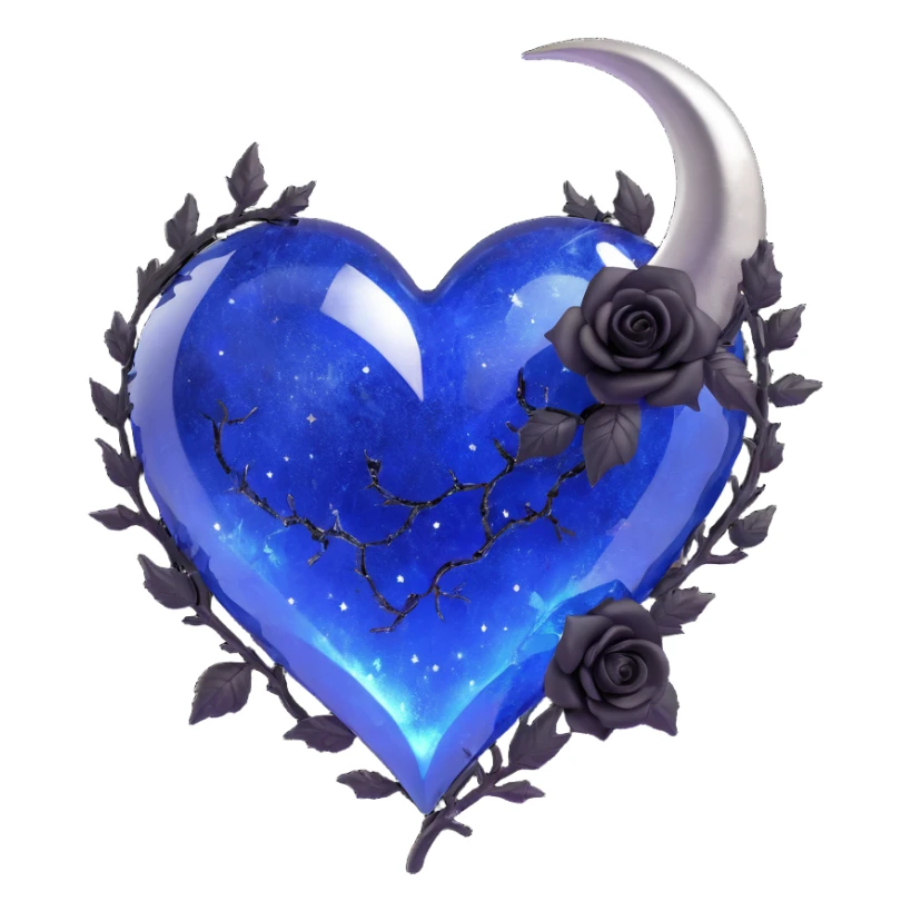 gothic heart made of midnight blue glass with silver crescent moon, tiny black roses, shimmering stardust, frost and ice effect, lightning bolt, cracked glass texture sticker