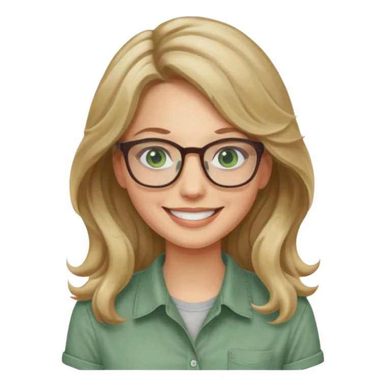 long wavy dirty blonde hair woman with green eyes and glasses smiling sticker