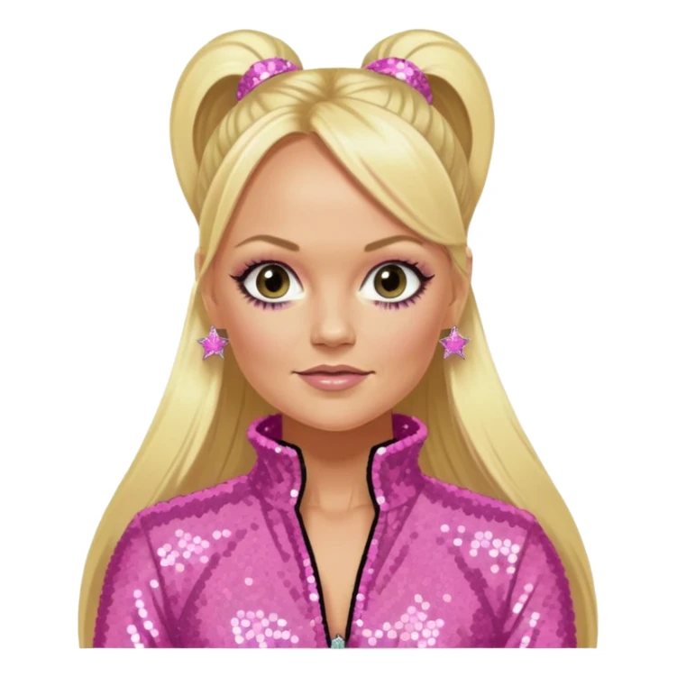 Emma Bunton from Spice Girls with long blonde two high ponytail hair, pink sequin outfit sticker