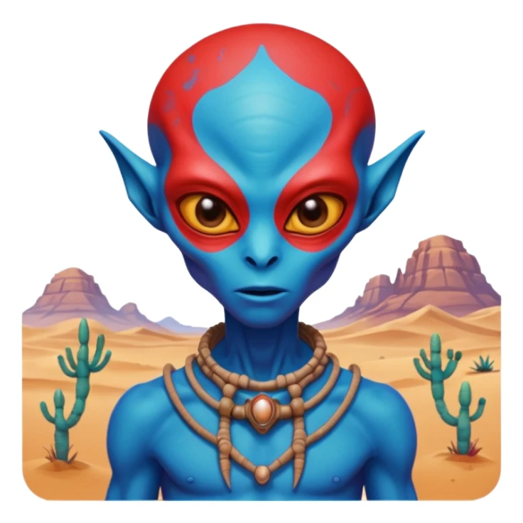 alien living in desert, dressed like a desert alien, red/blue colorful, accessories, just face  sticker