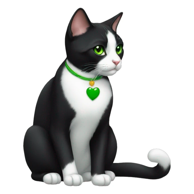 tuxedo cat that has green eyes and a heart nose sticker