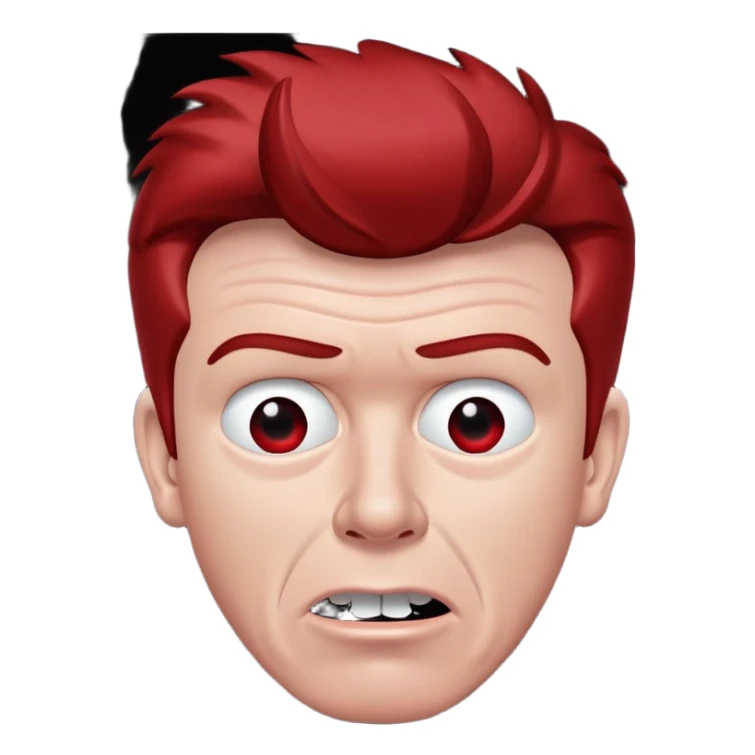 Mirrored Rick Astley with a kinda worried face but his upper teeth are sticking out and he’s really red and the background is pitch black sticker