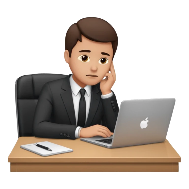 A man in corporate attire sitting at a desk, having fatigue while working on a laptop sticker