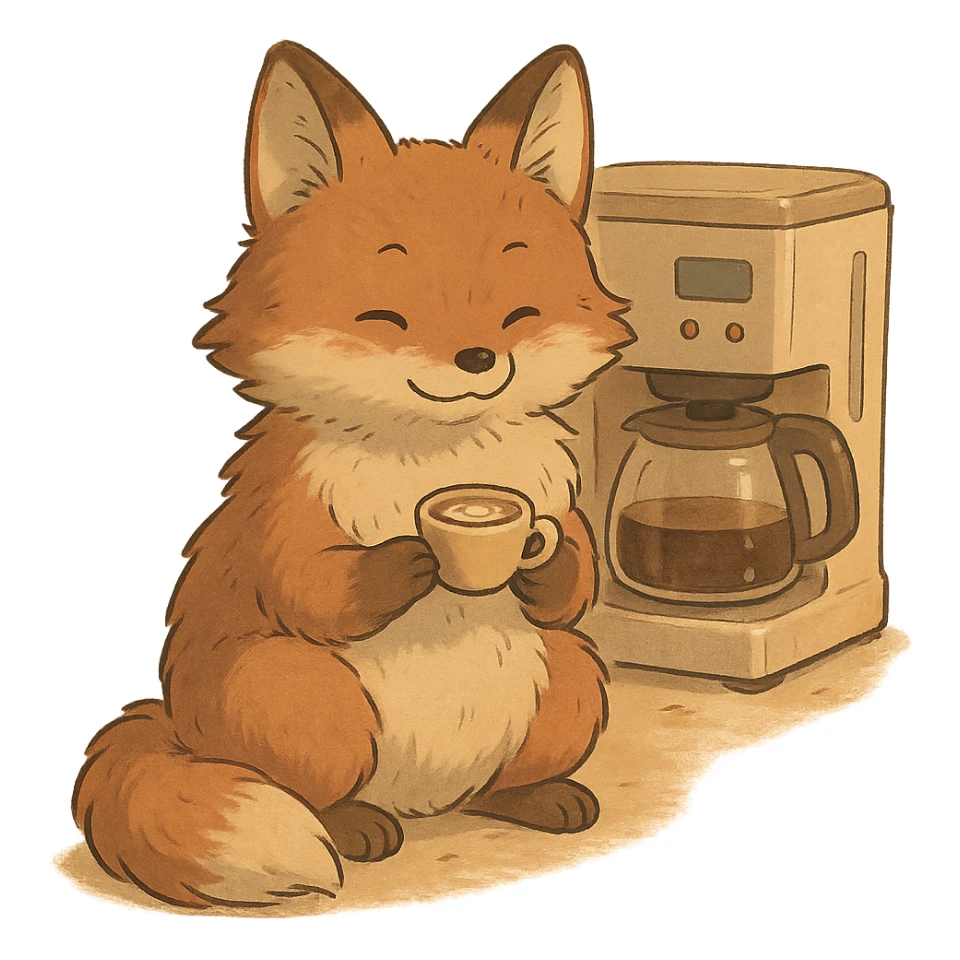 soft fluffy full-body fox holding a tiny latte cup, brown and beige tones, pastel coffee maker aesthetic, cozy coffee shop vibe, gentle warm atmosphere, Ghibli style sticker