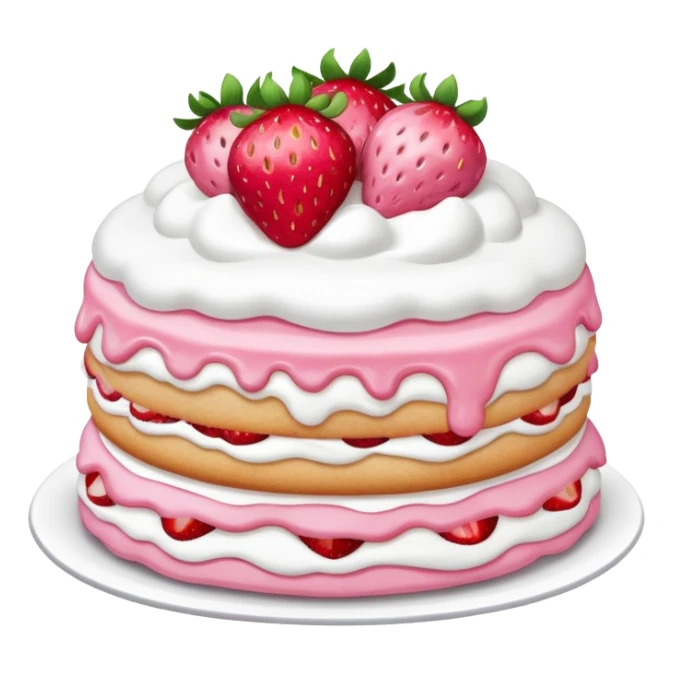 A pink strawberry shortcake that has 3 layers and is round with fluffy white icing  sticker