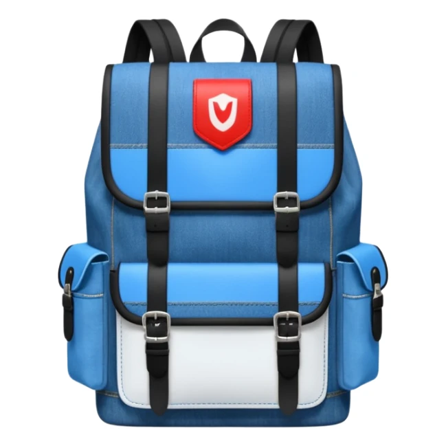 a blue denim backpack with a flap top, two vertical *black buckle straps* on the front. The backpack has two side pockets and a soft square shape. at front pocket bottom side, red and white two divided logo like tommy hilfiger 

 sticker