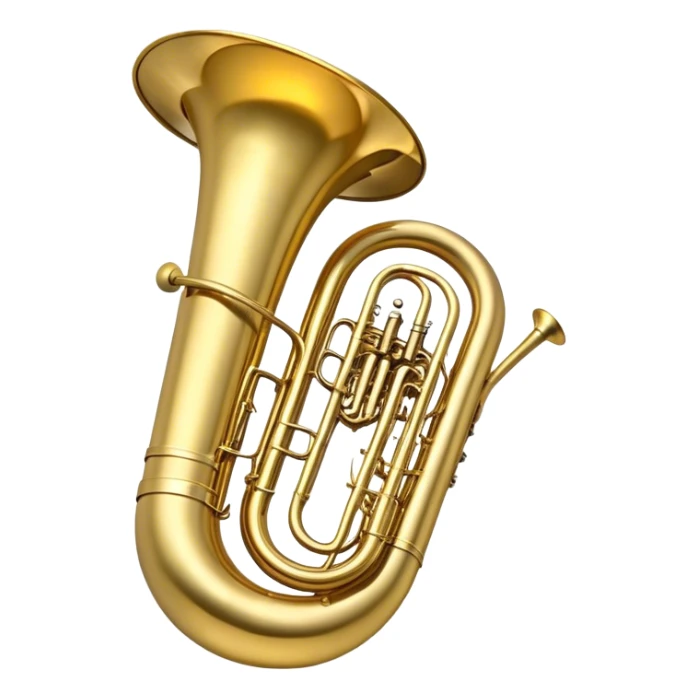 Create a large and bold emoji representing a tuba. The design should feature the tuba’s iconic, large, curved brass body, with its wide bell and tubing wrapping around. Highlight the visible valves and their metal buttons, showcasing the characteristic structure of the instrument. The brass finish should be shiny, with golden tones and subtle reflective light effects to highlight its polished surface. Add soft musical notes or soundwaves emanating from the bell to evoke the deep, resonant sound of the tuba. The background should be transparent. sticker