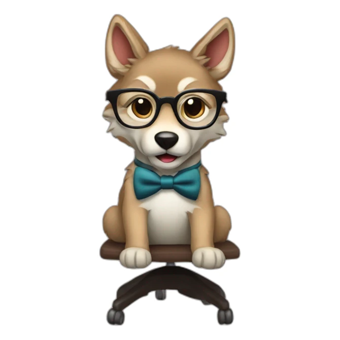 a wolf cub with glasses and a bow tie sits on a chair with a computer. sticker
