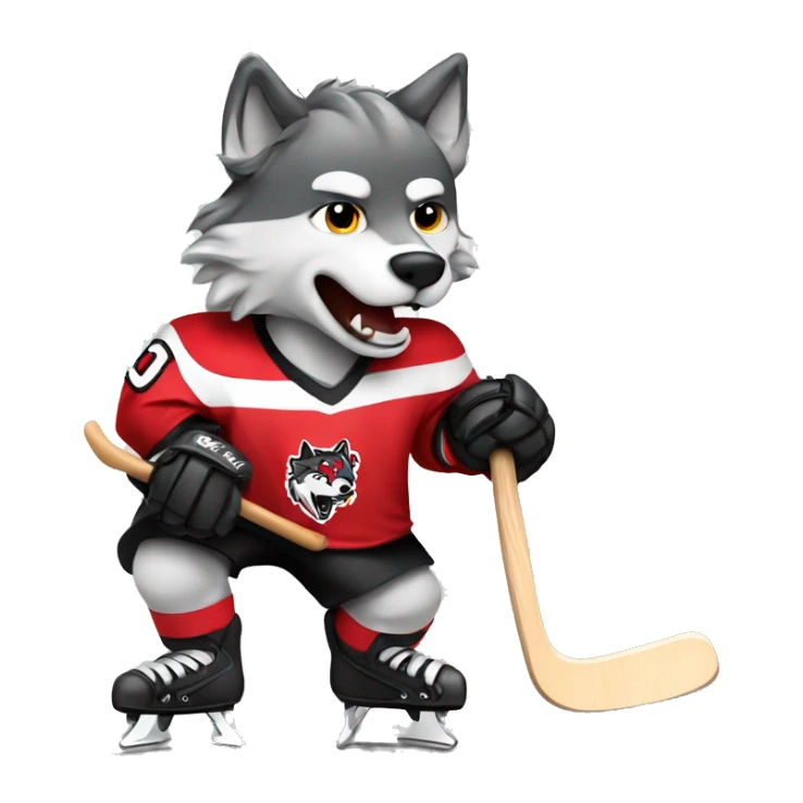 A wolf in a red black and white hockey uniform with a wolf emblem is playing hockey sticker