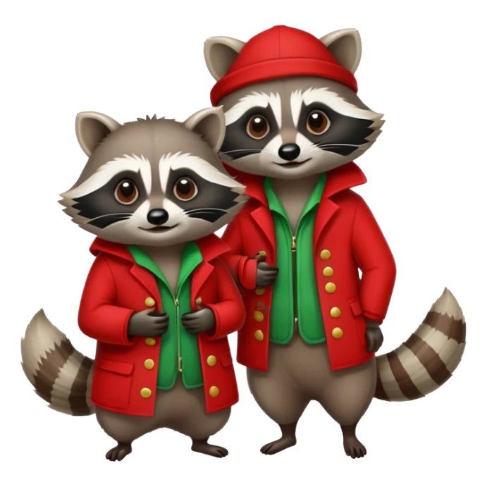 One raccoon wearing red and one raccoon wearing green sticker