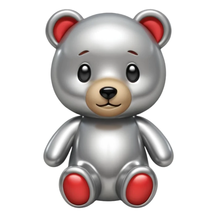 A cute teddy bear emoji made of liquid silver chrome, smooth rounded body, glossy metallic surface, soft reflections, friendly proportions, iOS emoji style, centered, clean white background sticker