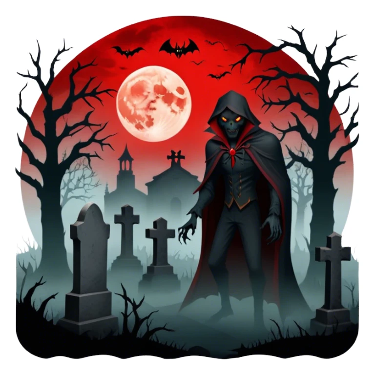 Icon for Horror Movies: A chilling collage with a monstrous werewolf or vampire, dark silhouettes, eerie graveyards, and creepy elements like spiders and tombstones. Ghostly fog surrounds, with a blood-red moon in the sky. The atmosphere is unsettling, eerie, and haunting. Transparent background. sticker