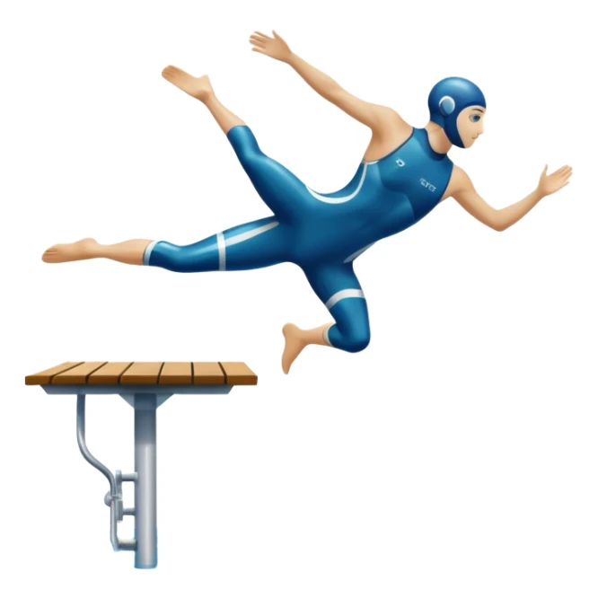 An icon showing a diver captured mid-air in a graceful pose above a pool, with a diving board behind and water below. Splash trails and motion lines emphasize precision and elegance. Transparent background highlights the beauty and focus of competitive diving. sticker