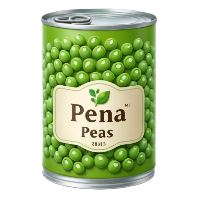 metal can with simple neutral label showing green peas, open top revealing glossy pile of small tender green peas inside, plump and moist suggesting brine preservation, no spoon plate or branding, apple emoji style, soft lighting, subtle shadows, transparent background, emoji scale sticker