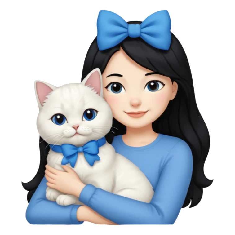 black hair woman snuggling white Persian cat with a blue bow sticker