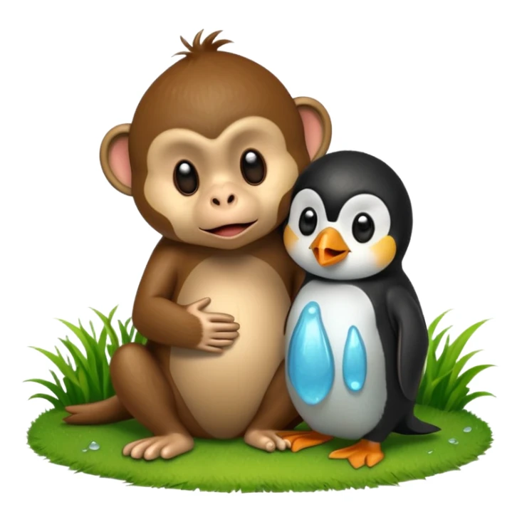 A monkey melting and crying while having a penguin on its head and both of them are touching grass sticker