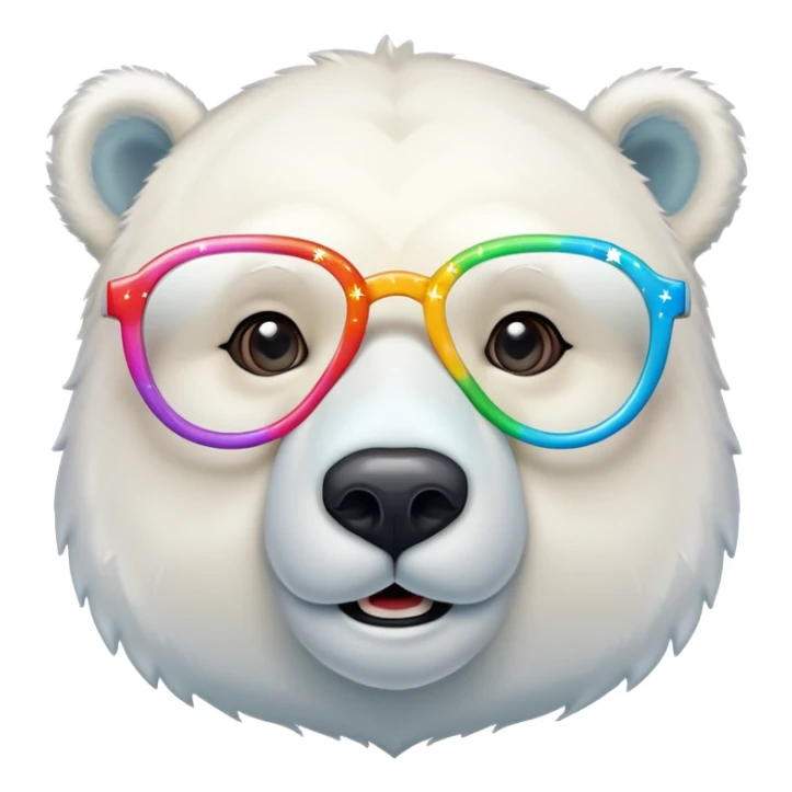 close up headshot of a friendly anthropomorphised polar bear wearing oversized colorful star glasses sticker