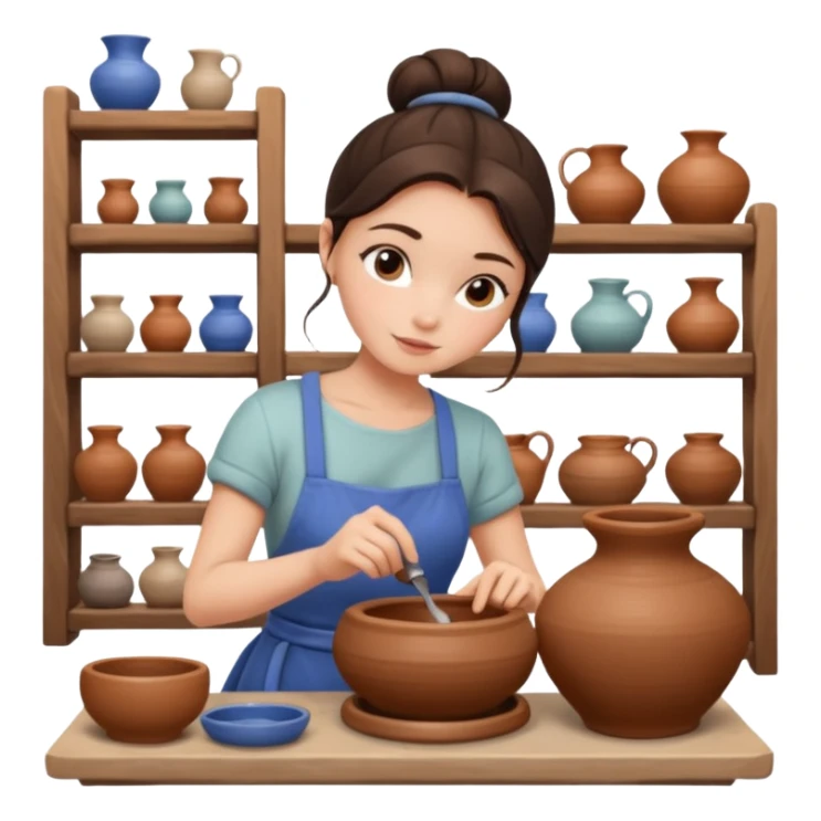 Brunette girl, bun, doing pottery, pottery wheel sticker