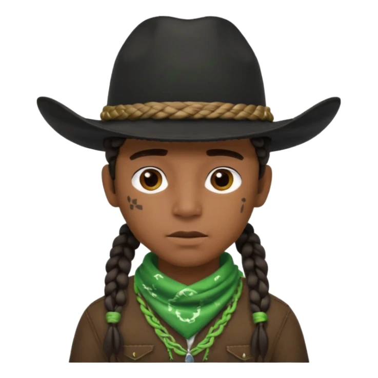 Black boy with 3 braids on each side of face wearing a black cowboy hat with green bandana around his neck sticker