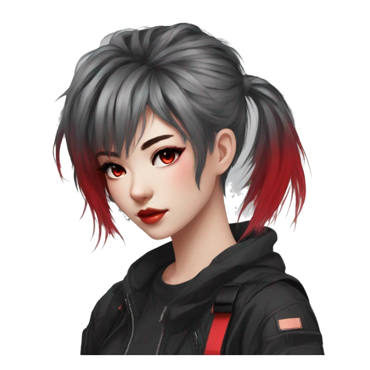 Gorgeous anime style techwear lady with blushing face aesthetic and pretty edgy black red punk hair with hair garment trending style sticker
