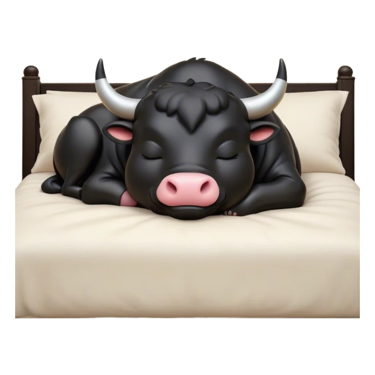 Meme-Worthy Cute Sleeping Black Bull Portrait Emoji, Head resting peacefully with a contented smile, showcasing a robust, massive build and a luxuriously soft pure black hide, eyes shut in a serene, restful nap, Simplified yet hilariously adorable features, highly detailed, glowing with a soft, drowsy light, high shine, relaxed and utterly lovable, stylized with an air of playful laziness, bright and heartwarming, soft glowing outline, capturing the essence of a comically sleepy guardian, so meme-worthy it feels like it could instantly become the next viral sensation of adorable slumber! sticker